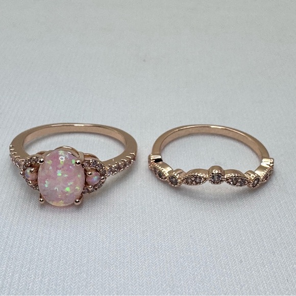New Pink Faux Opal Diamond White CZ Rose Gold Ring Set Vintage Style Art Deco - Picture 2 of 6